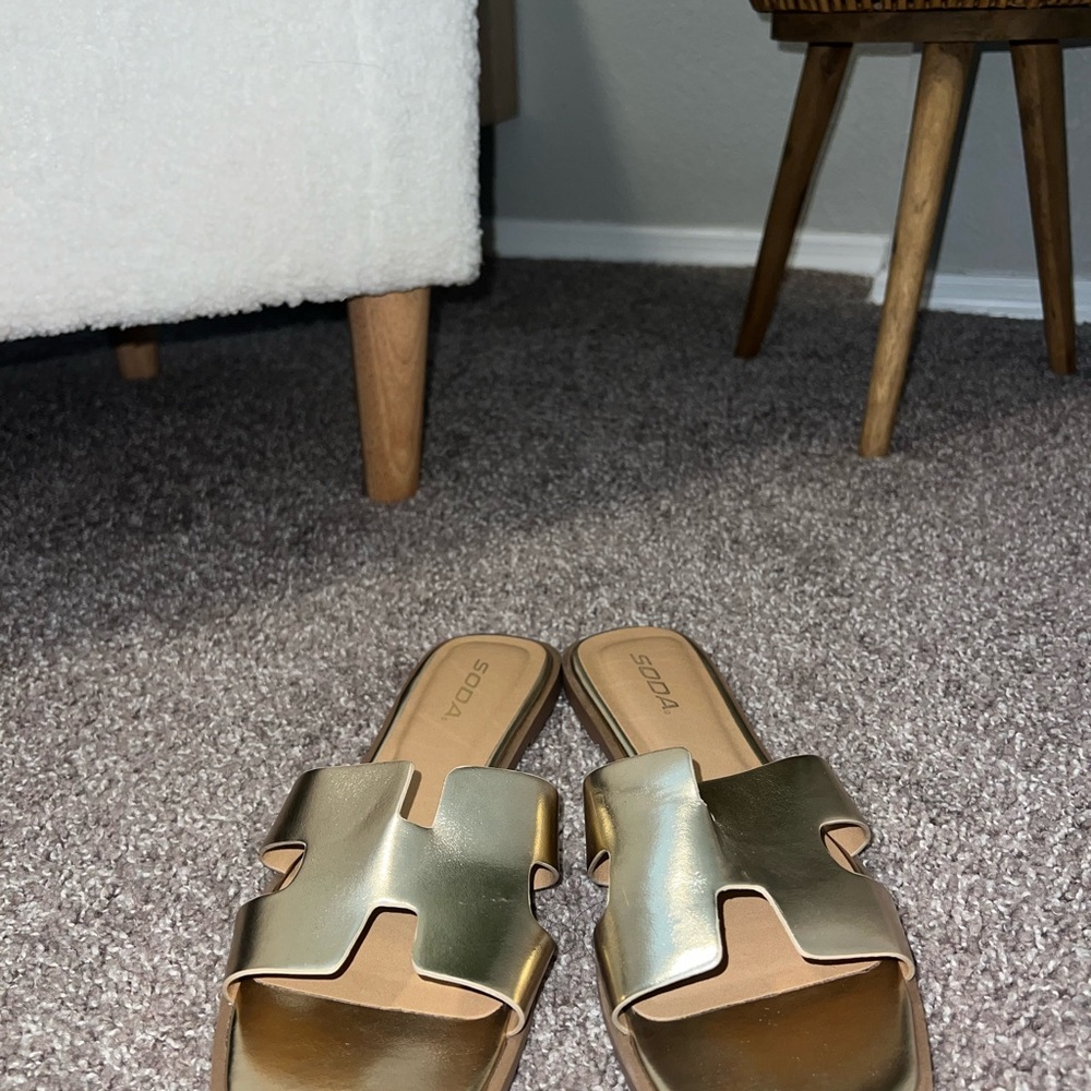 Soda Gold Slide Sandals with H Cut-Out Design - Picture 2 of 4